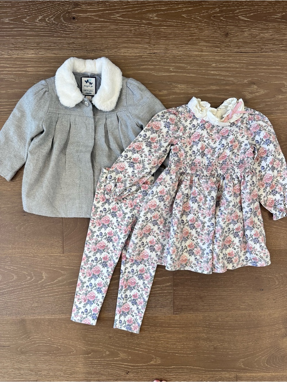 Janie and Jack Baby pink floral Dress Set matching pants and Gymboree gray coat